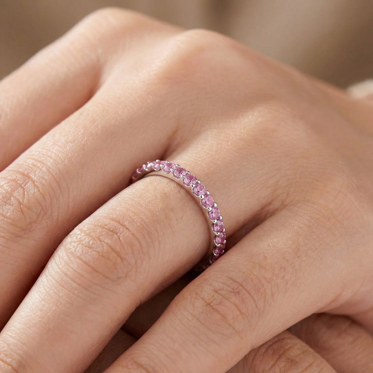 3/4Ct Pink Sapphire Stackable Ring Wedding Band 10k White Gold