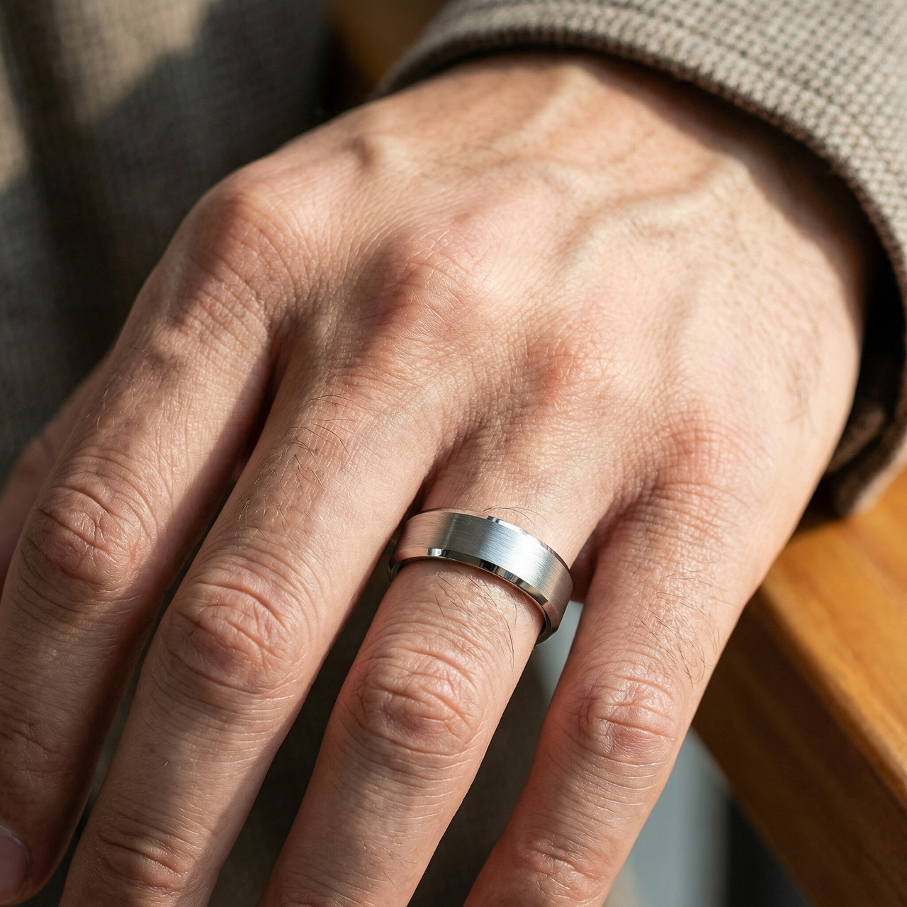 Men's Brushed Tungsten 7mm Beveled Comfort Fit Ring Wedding Band