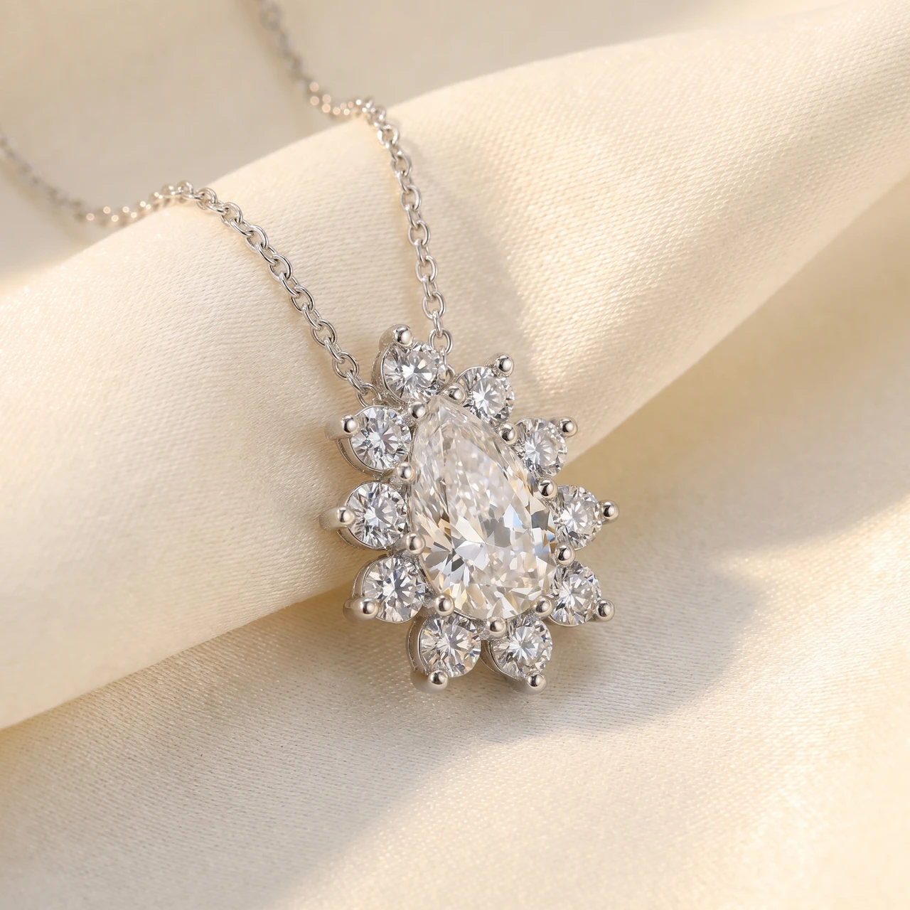 1/2Ct Pear Shape Halo Lab Grown Diamond Pendant Necklace in White or Yellow Gold (J-K, I1)
