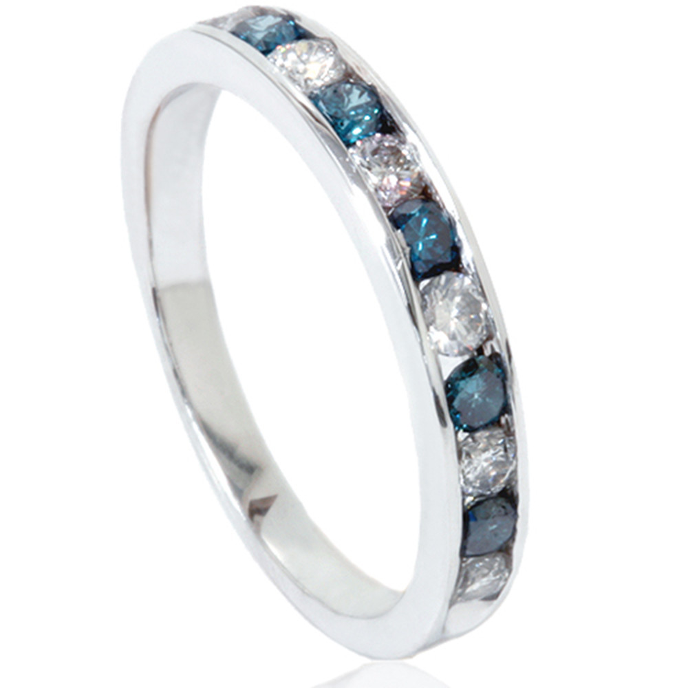 1/2ct Blue & White Diamond Channel Set Wedding Ring 14K White Gold (Blue, SI)