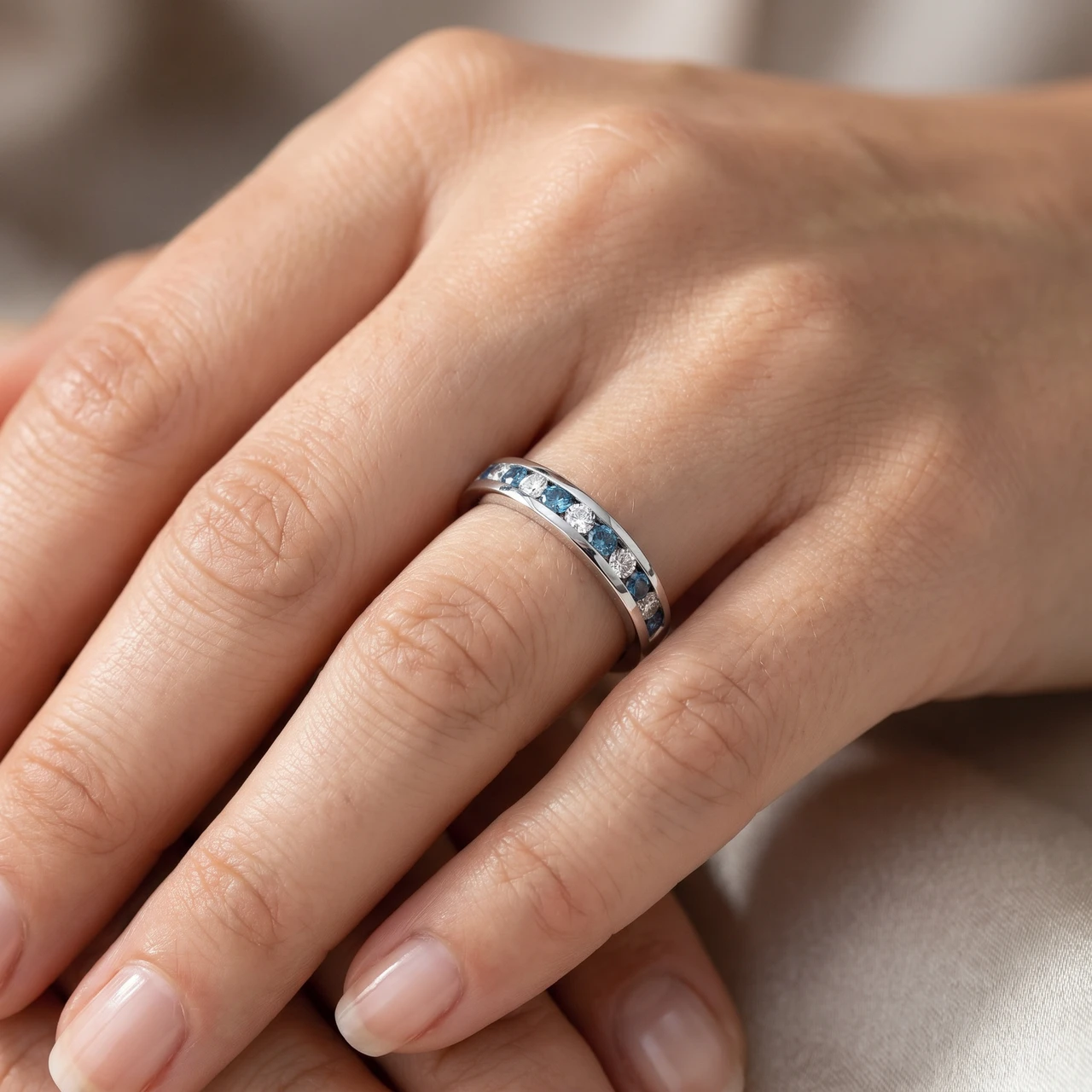 1/2ct Blue & White Diamond Channel Set Wedding Ring 14K White Gold (Blue, SI)