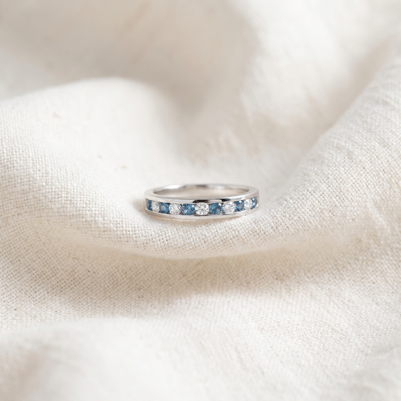 1/2ct Blue & White Diamond Channel Set Wedding Ring 14K White Gold (Blue, SI)