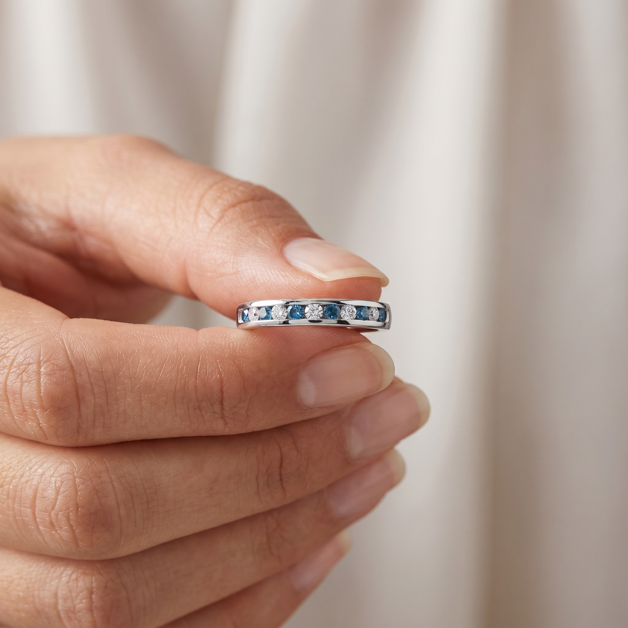 1/2ct Blue & White Diamond Channel Set Wedding Ring 14K White Gold (Blue, SI)