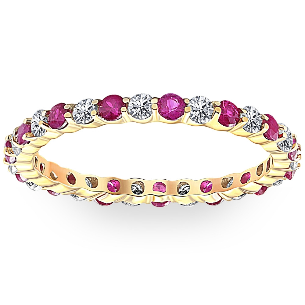 1 cttw Ruby & Diamond Wedding Eternity Stackable Ring 10k Yellow Gold (G-H, I1)