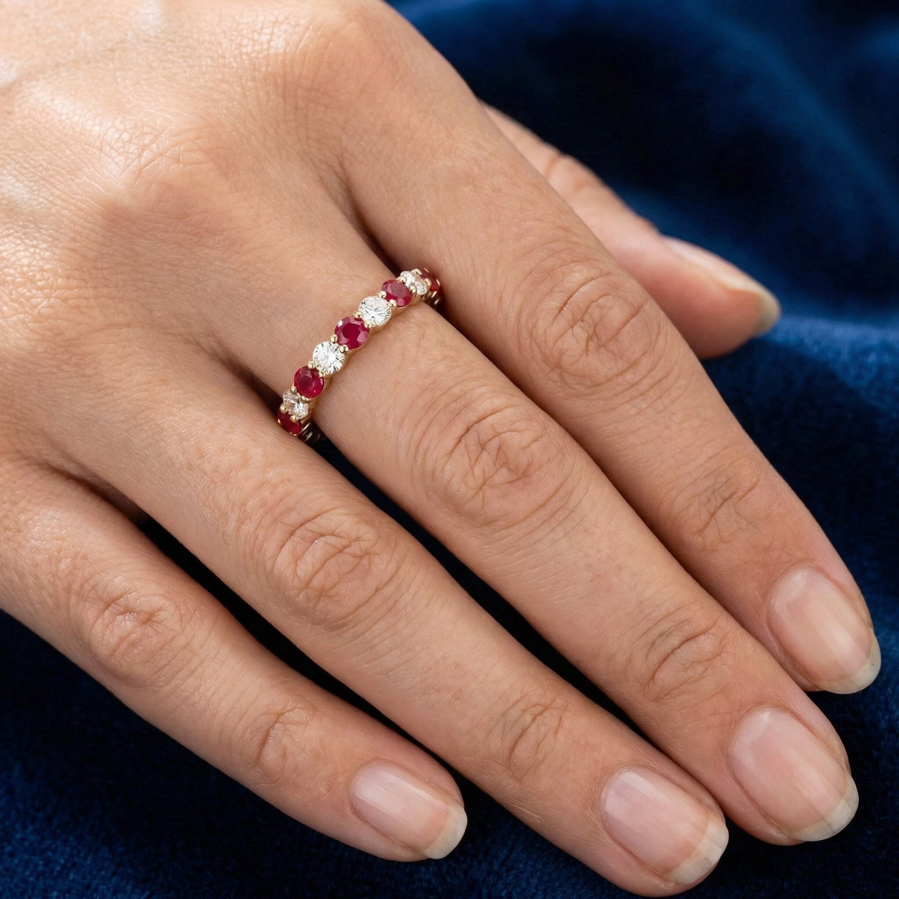 1 cttw Ruby & Diamond Wedding Eternity Stackable Ring 10k Yellow Gold (G-H, I1)