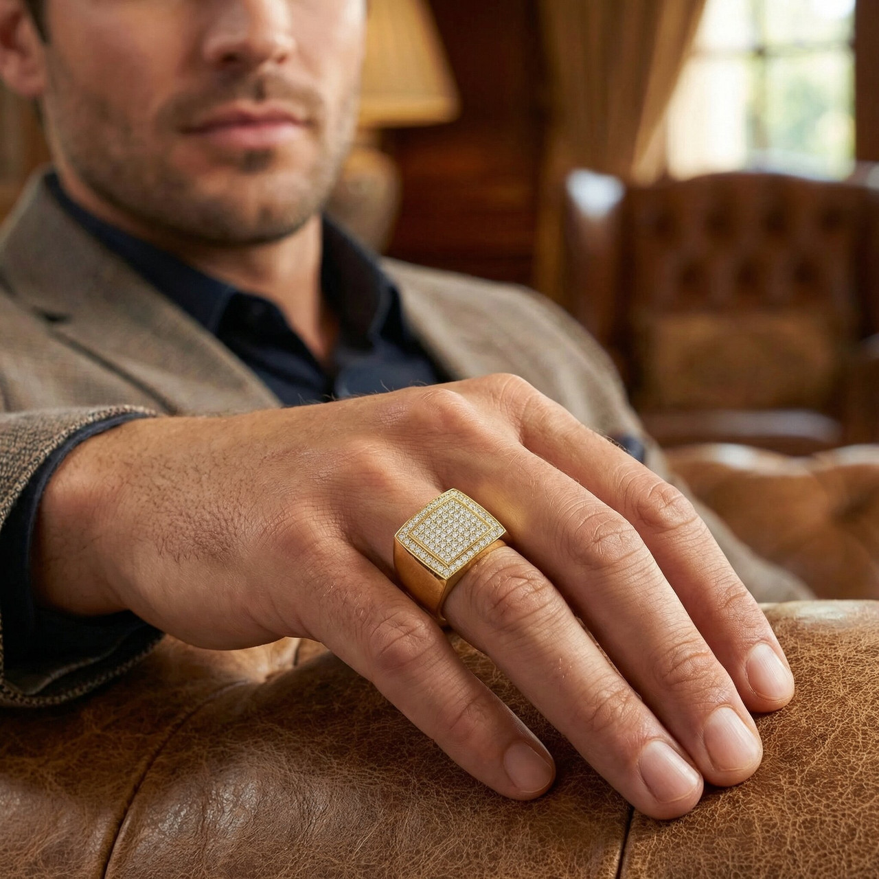 3Ct Diamond Men's Pave Anniversary Wedding Ring in 10k Yellow Gold (H-I, I1)