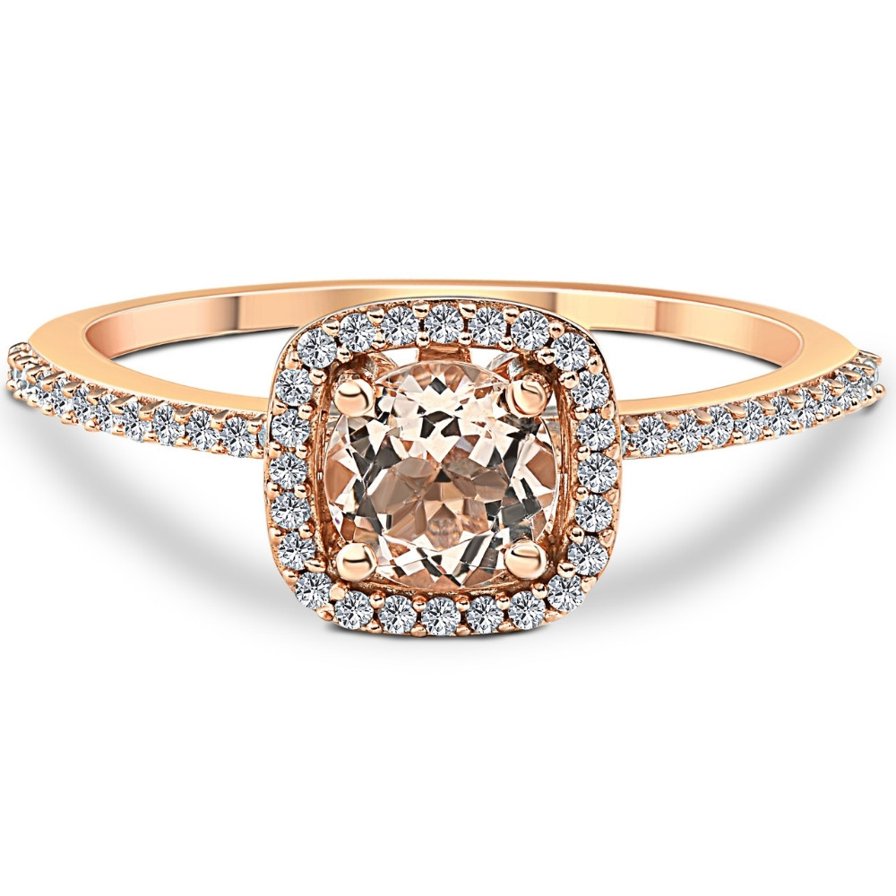 1 Ct Cushion Halo 6mm Morganite & Diamond Rose Gold Engagement Anniversary Ring (G-H, I1)