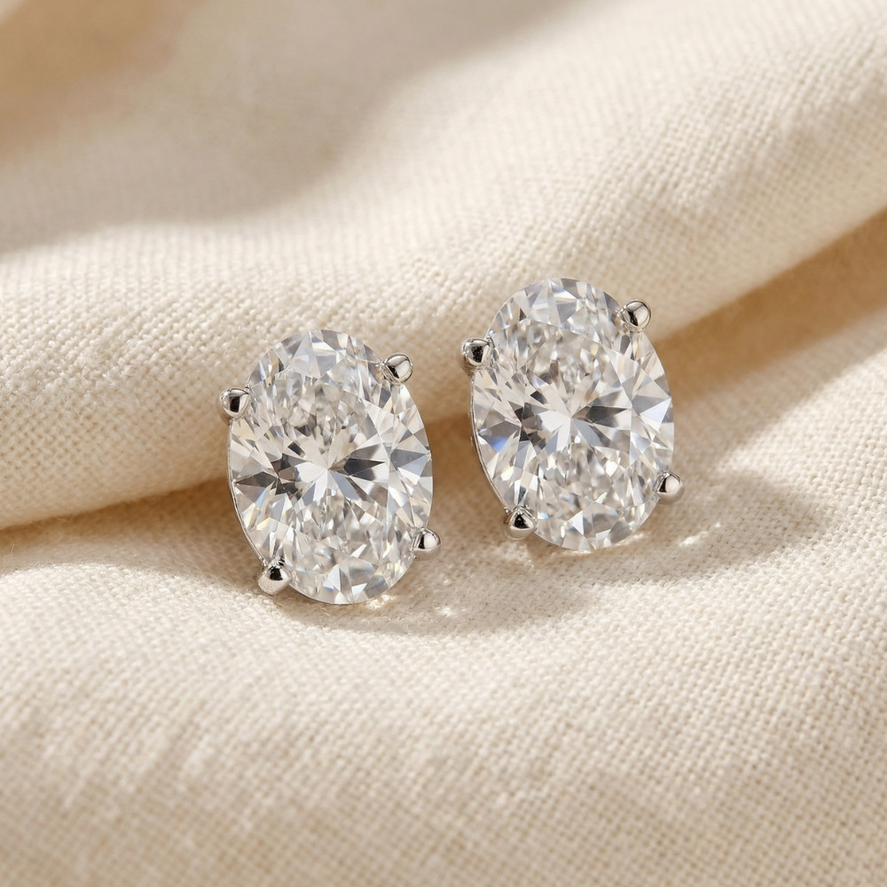 2 Ct Lab Grown Oval Diamond Studs 14k White Gold Earrings (F-G, VS)