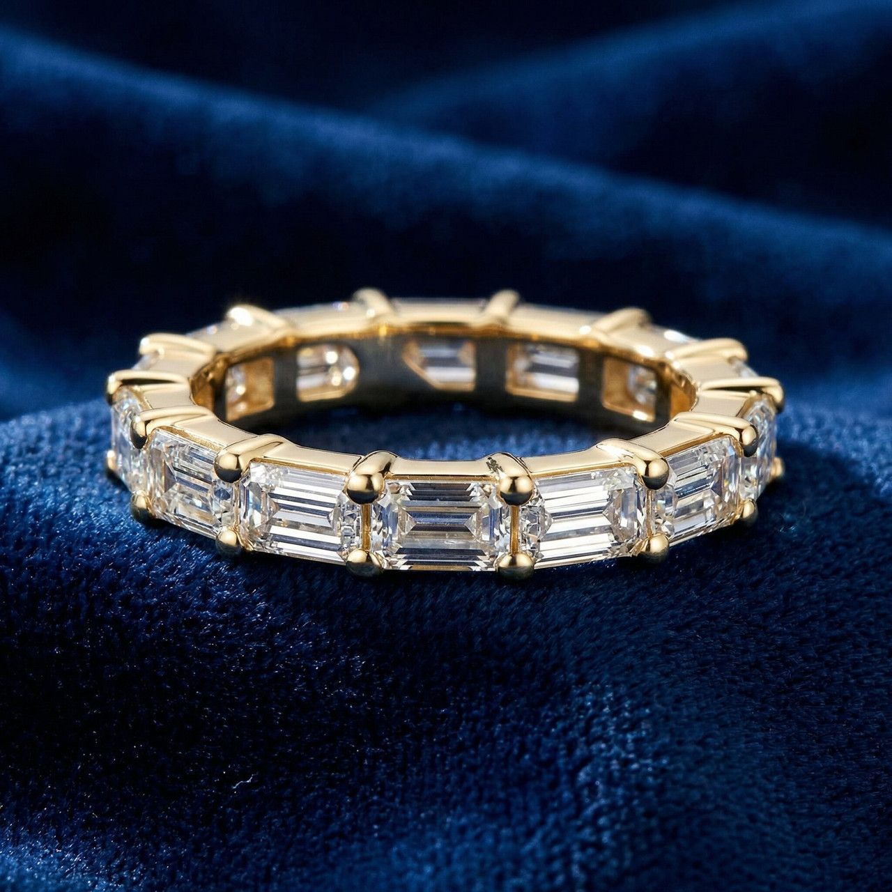 5Ct Emerald Moissanite Eternity Ring in 14k Yellow Gold