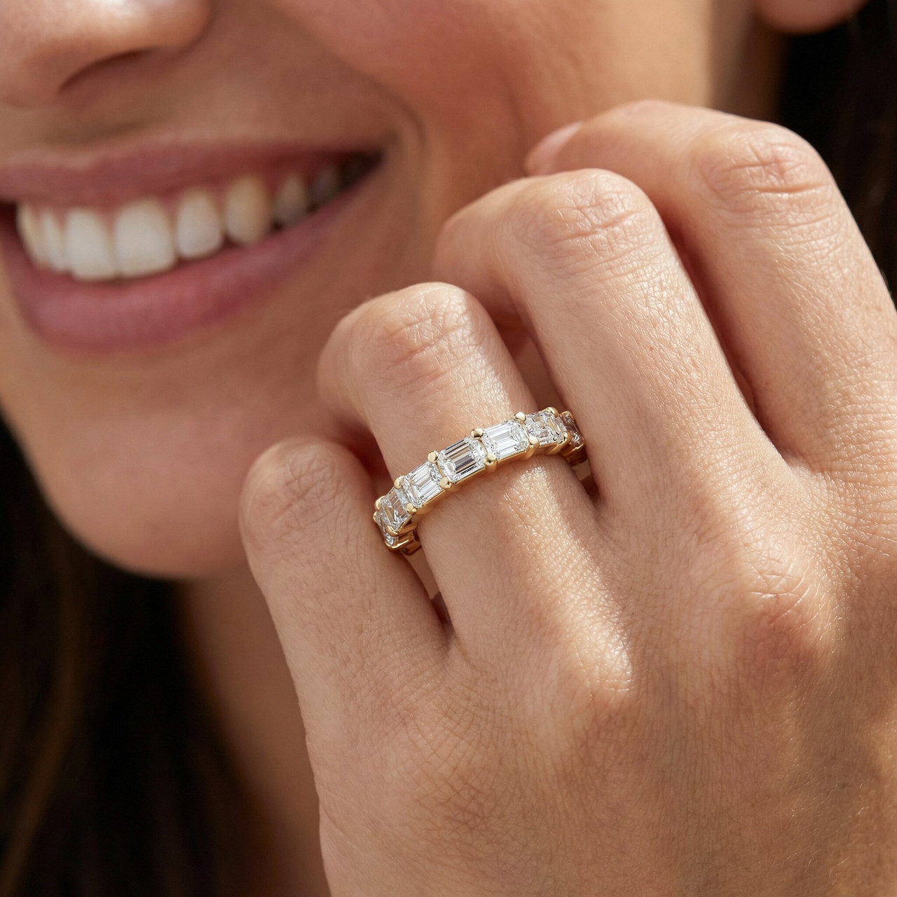 5Ct Emerald Moissanite Eternity Ring in 14k Yellow Gold