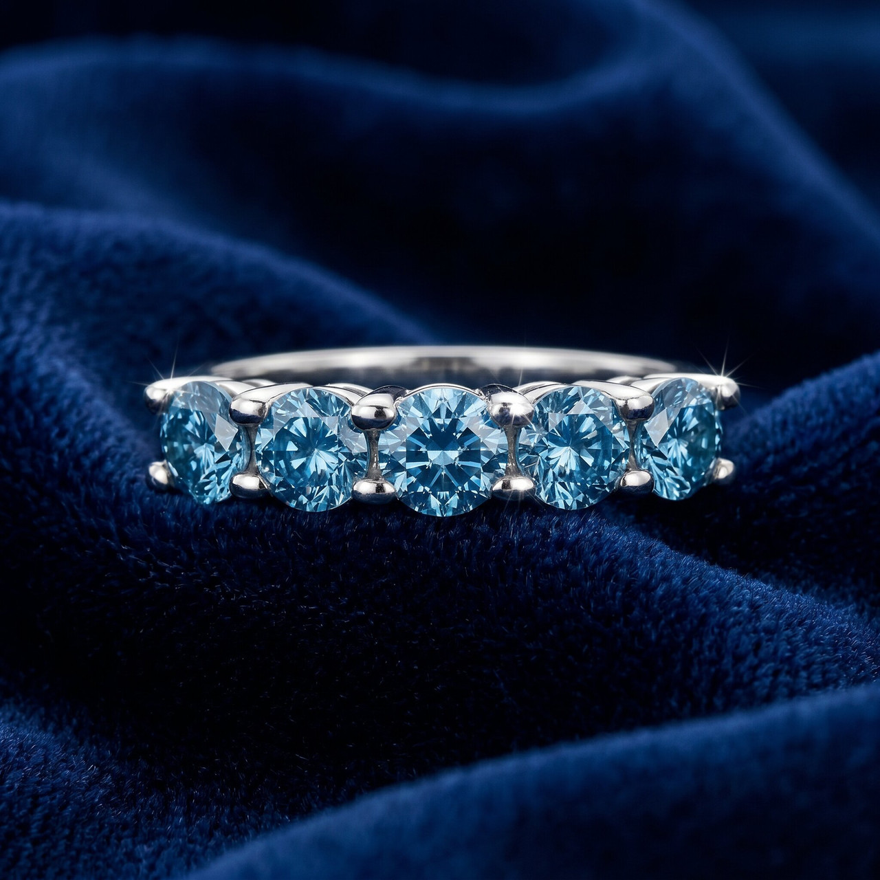 1ct Blue Diamond Wedding Five Stone Ring 14k White Gold (Blue, )