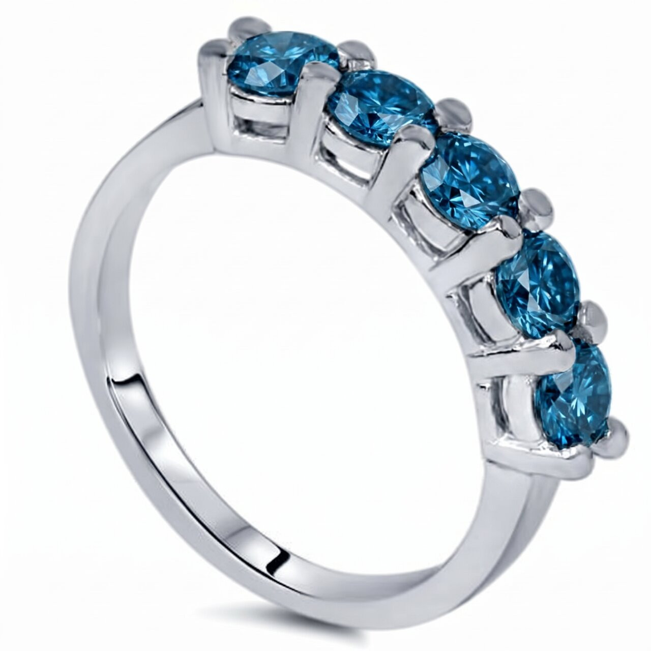 1ct Blue Diamond Wedding Five Stone Ring 14k White Gold (Blue, )