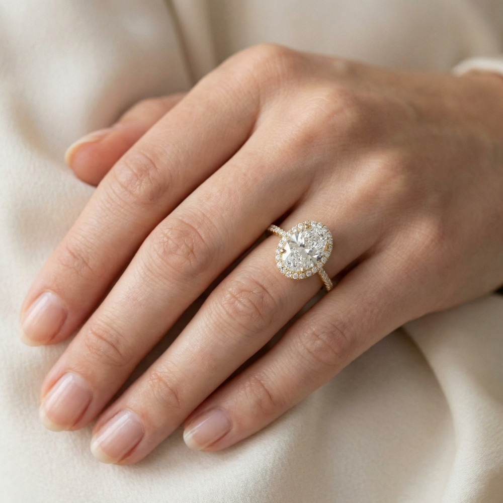 3 1/2Ct Oval Moissanite & Diamond Halo Engagement Ring 14k Yellow Gold (F-G, VS)