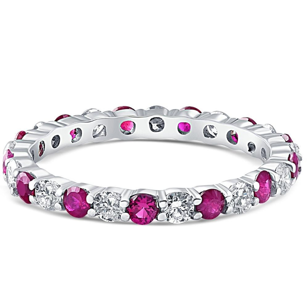 1 cttw Ruby & Diamond Wedding Eternity Stackable Ring 10k White Gold (G-H, I1)