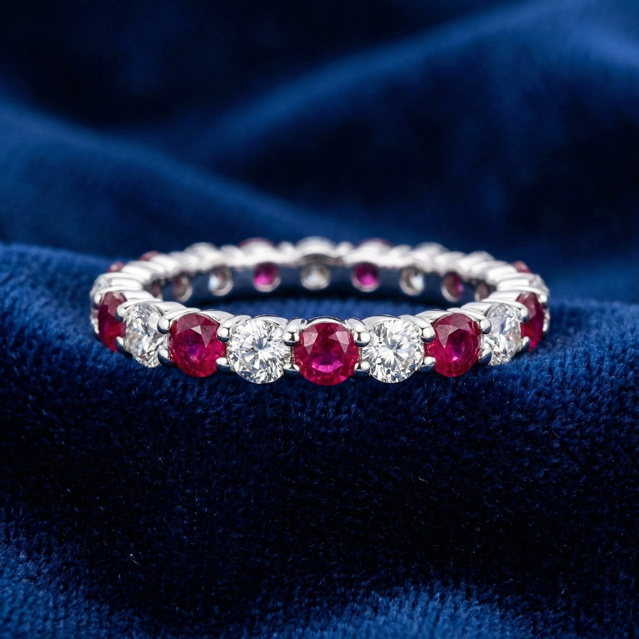 1 cttw Ruby & Diamond Wedding Eternity Stackable Ring 10k White Gold (G-H, I1)