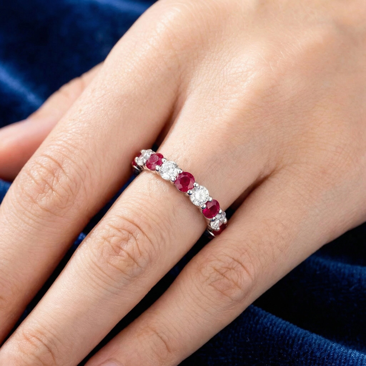 1 cttw Ruby & Diamond Wedding Eternity Stackable Ring 10k White Gold (G-H, I1)