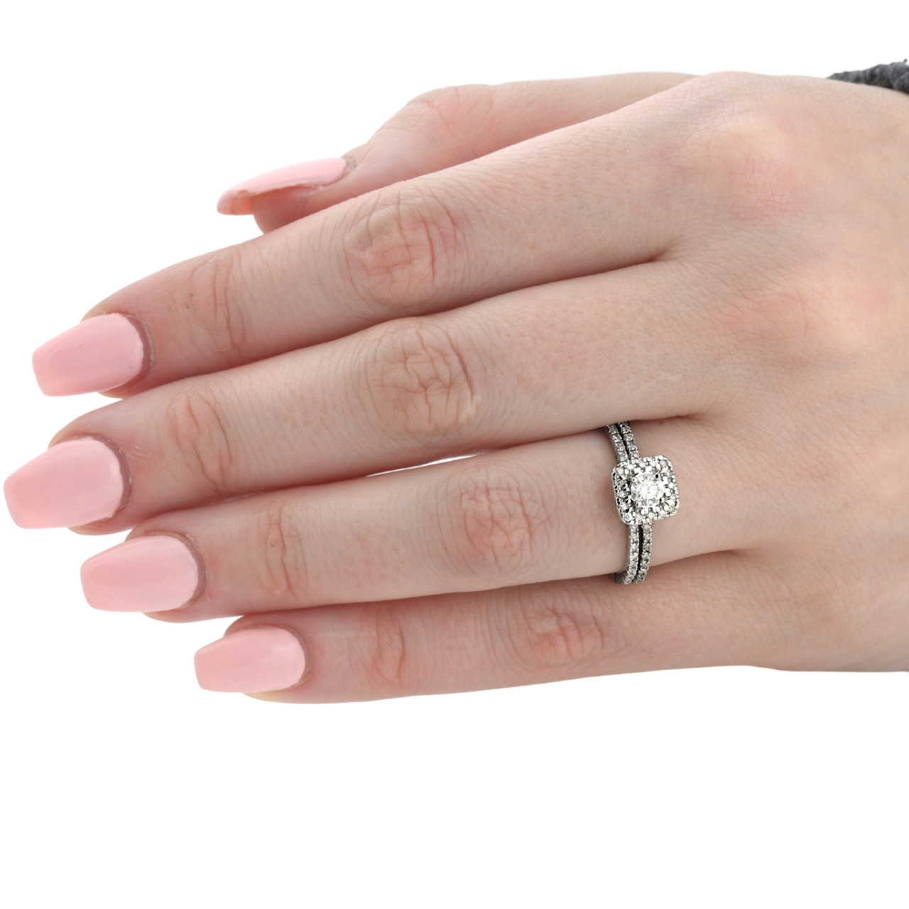 5/8 Carat Cushion Halo Diamond Engagement Wedding Ring Set White Gold (H-I, I2-I3)