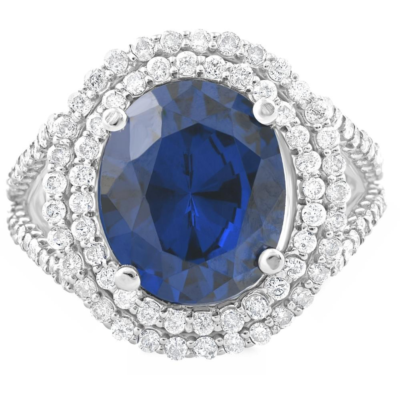6 1/5 Ct Diamond Oval Blue Sapphire Diamond Double Halo Ring 10K White Gold (H-I, SI) 6 1/5 Ct Diamond Oval Blue Sapphire Diamond Double Halo Ring 10K White Gold (H-I, SI)