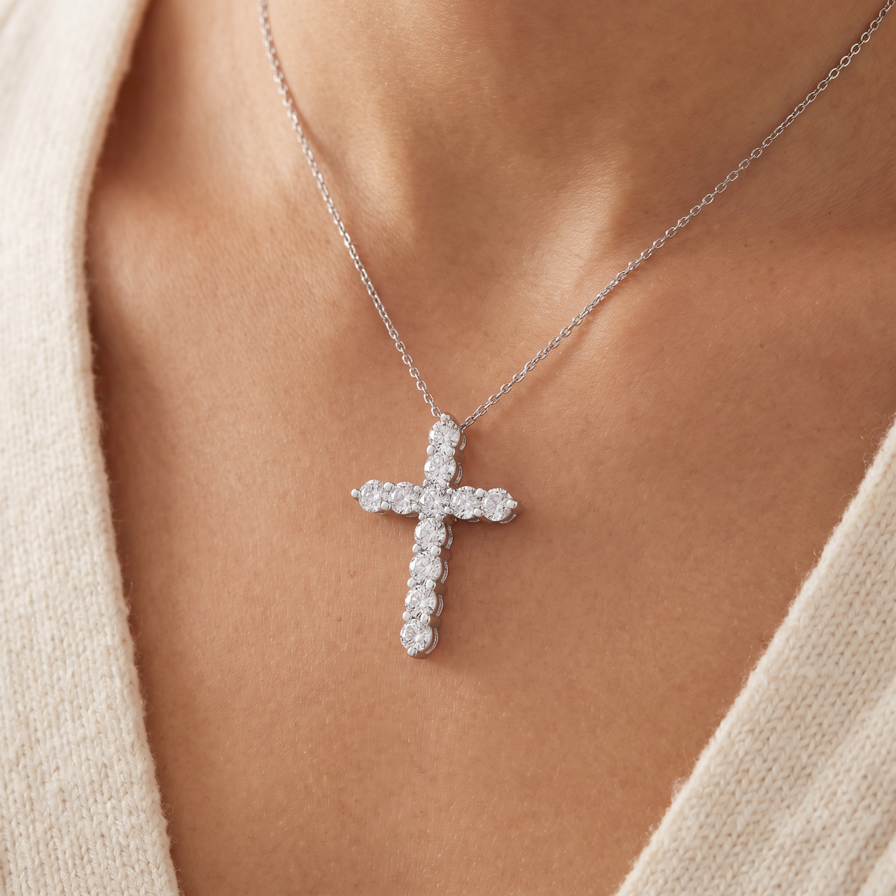 2 1/4cttw 14k White Gold Diamond Cross Pendant (1 inch tall) Necklace Lab Grown (F-G, VS)