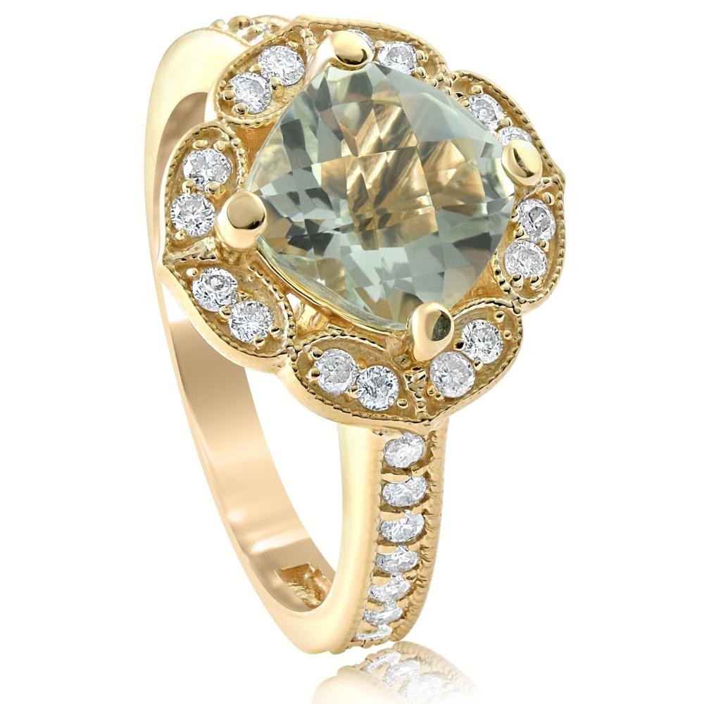 4 1/2Ct Green Amerthyst Cushion & Diamond Ring in 10k Yellow Gold (G-H, I1)