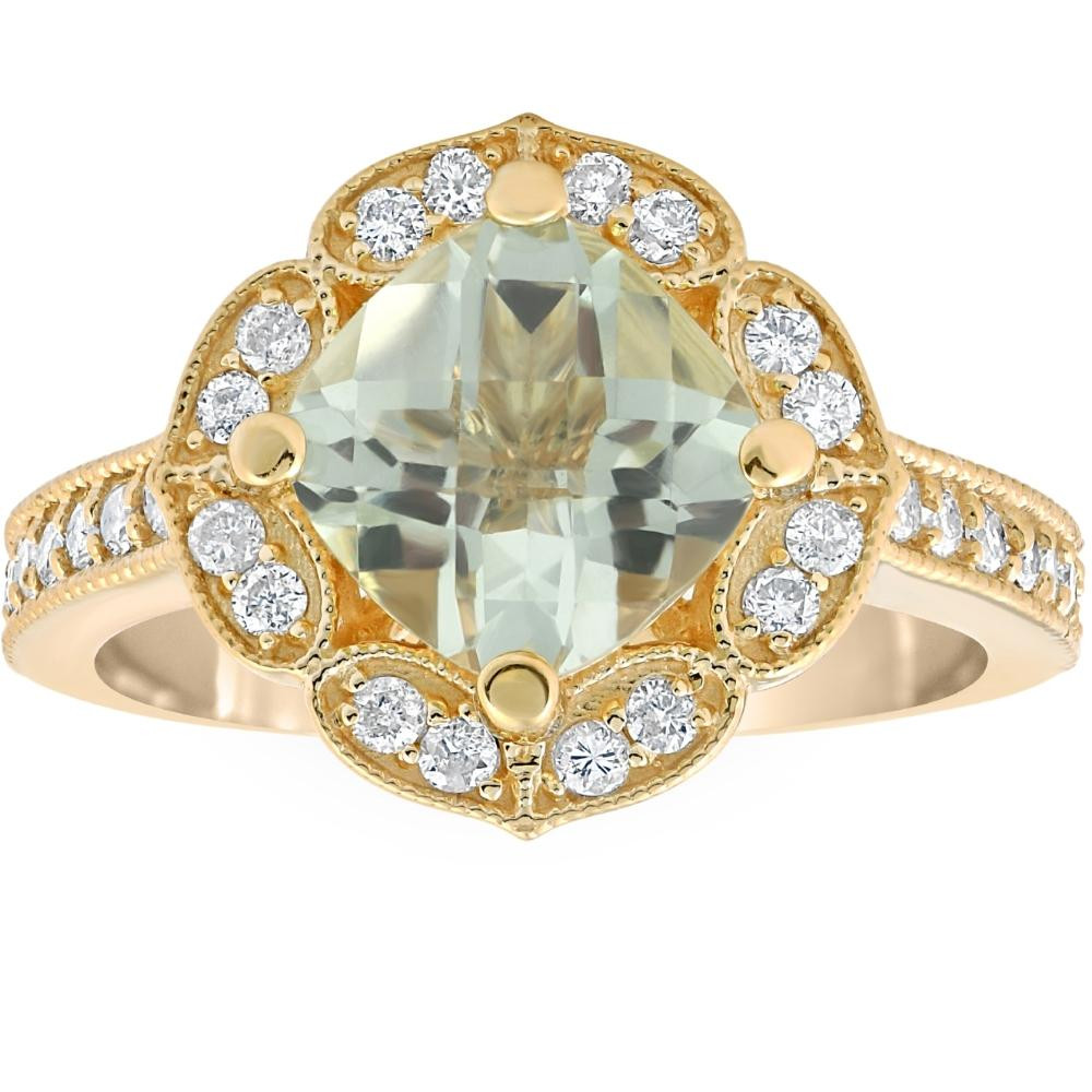 4 1/2Ct Green Amerthyst Cushion & Diamond Ring in 10k Yellow Gold (G-H, I1)