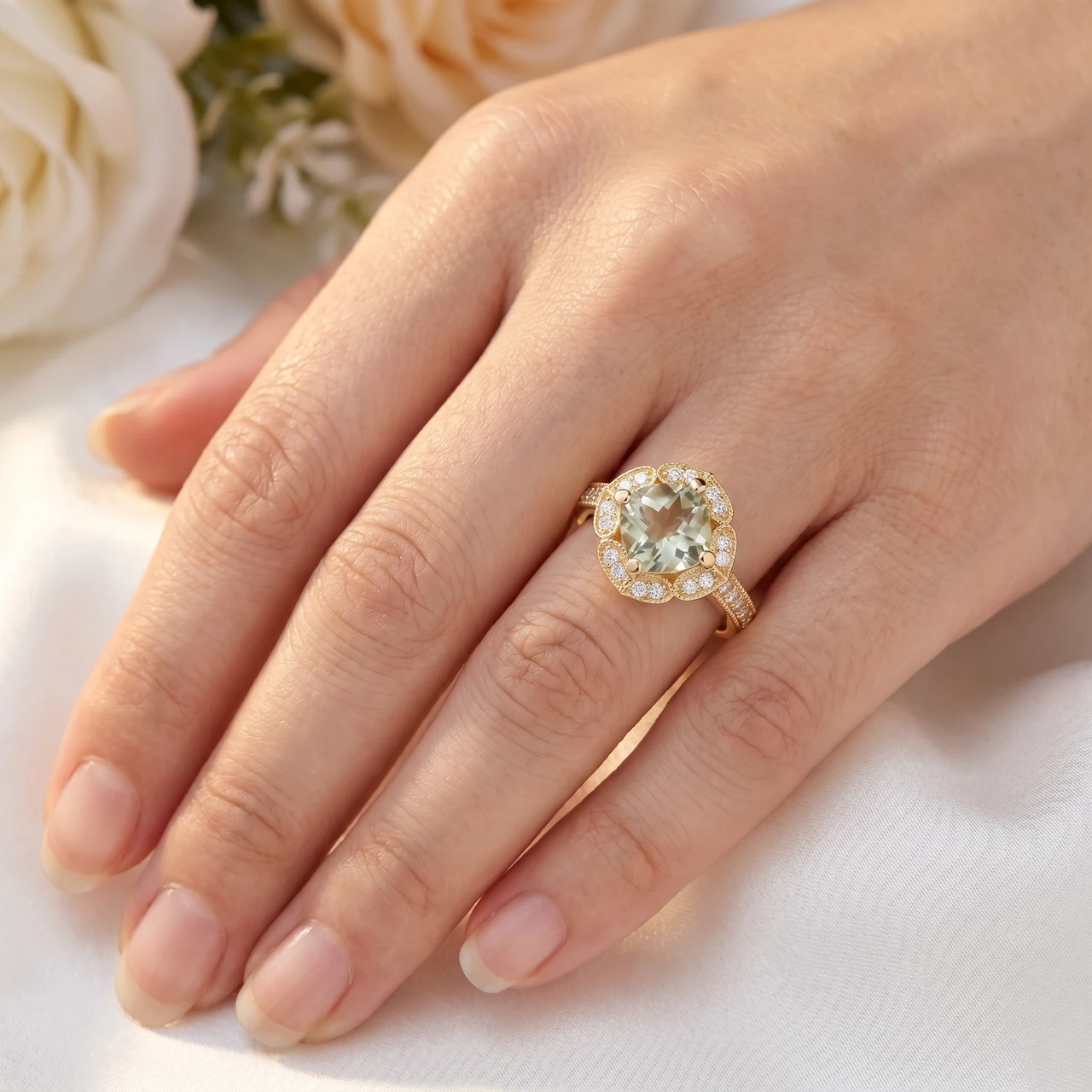 4 1/2Ct Green Amerthyst Cushion & Diamond Ring in 10k Yellow Gold (G-H, I1)