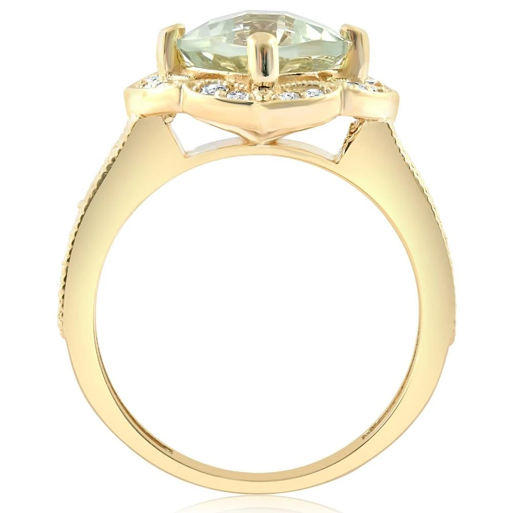 4 1/2Ct Green Amerthyst Cushion & Diamond Ring in 10k Yellow Gold (G-H, I1)