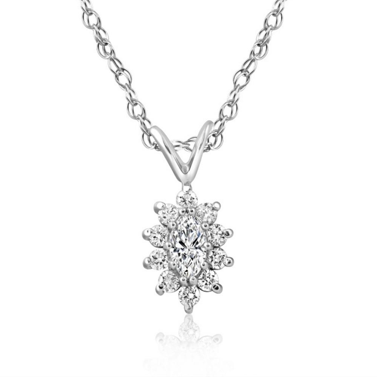 1/2CT Marquise Halo Pave Diamond Solitaire Pendant 14K White Gold (G-H, I2-I3) 1/2CT Marquise Halo Pave Diamond Solitaire Pendant 14K White Gold (G-H, I2-I3)