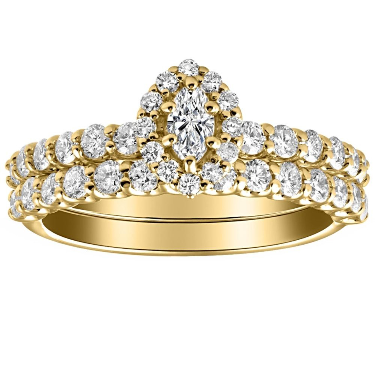 1 1/4Ct Marquise Halo Diamond Engagement Wedding Ring Set White or Yellow Gold (G-H, I1) 1 1/4Ct Marquise Halo Diamond Engagement Wedding Ring Set White or Yellow Gold (G-H, I1)