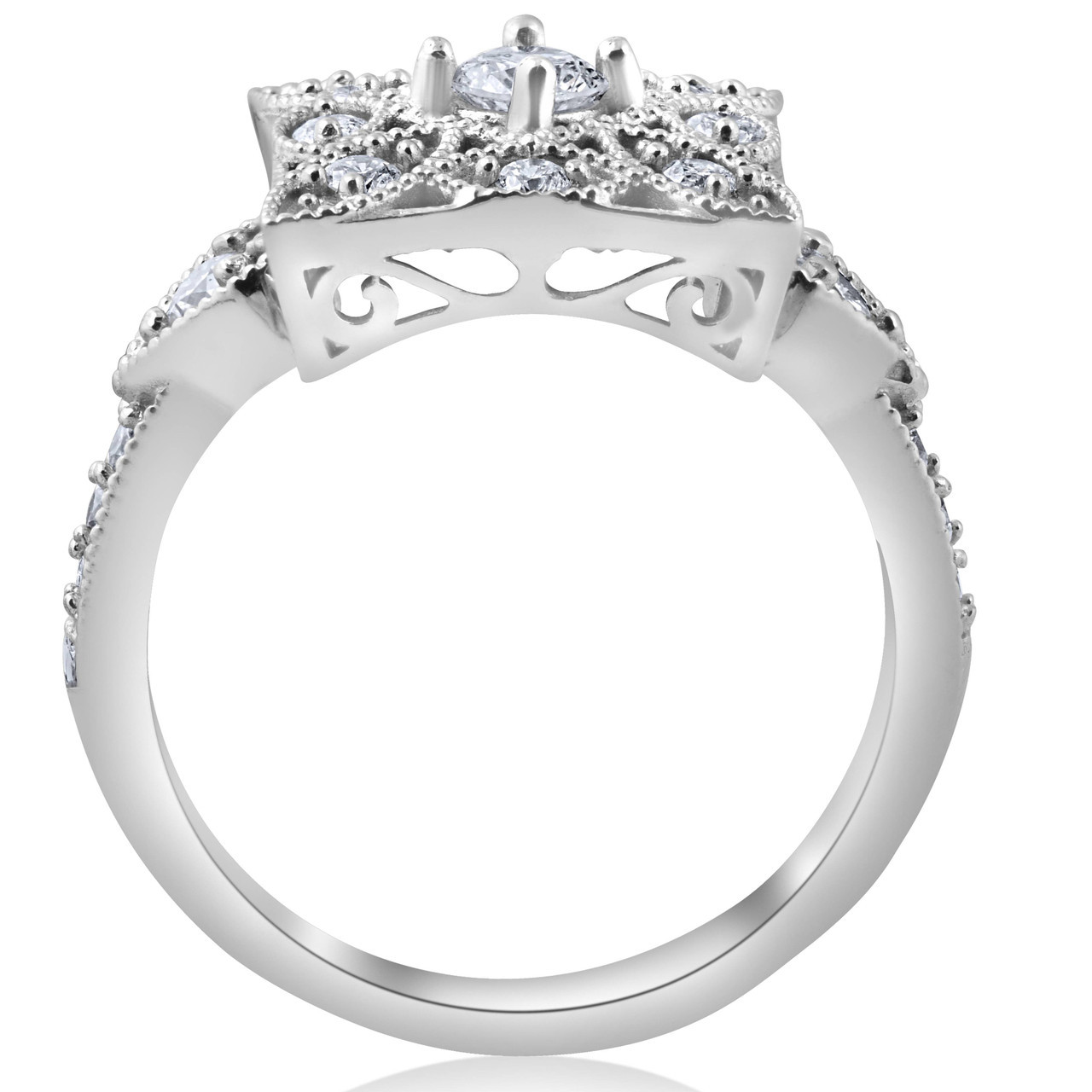 1/2ct Vintage Diamond Ring Square Framed Filigree Band 10K White Gold (G-H, I2-I3)