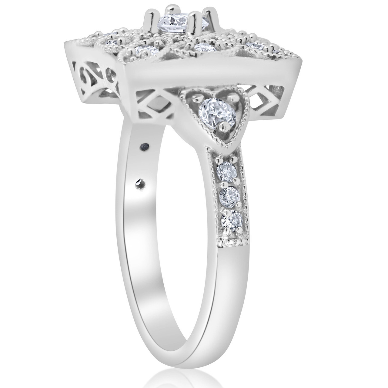 1/2ct Vintage Diamond Ring Square Framed Filigree Band 10K White Gold (G-H, I2-I3)