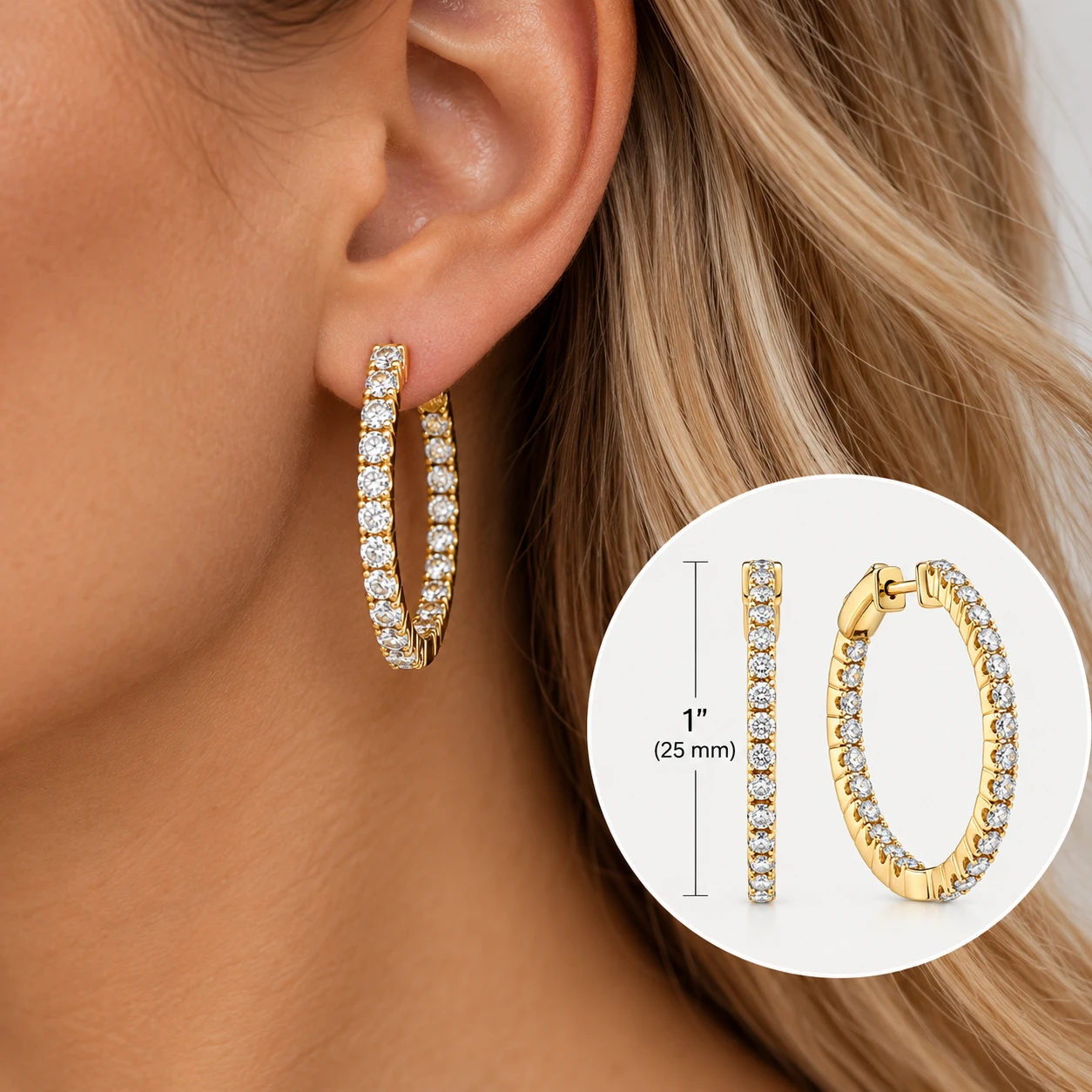 1 Ct Diamond Inside Outside Hoops Lab Grown Earrings Yellow Gold 1"Tall (G-H, VS)