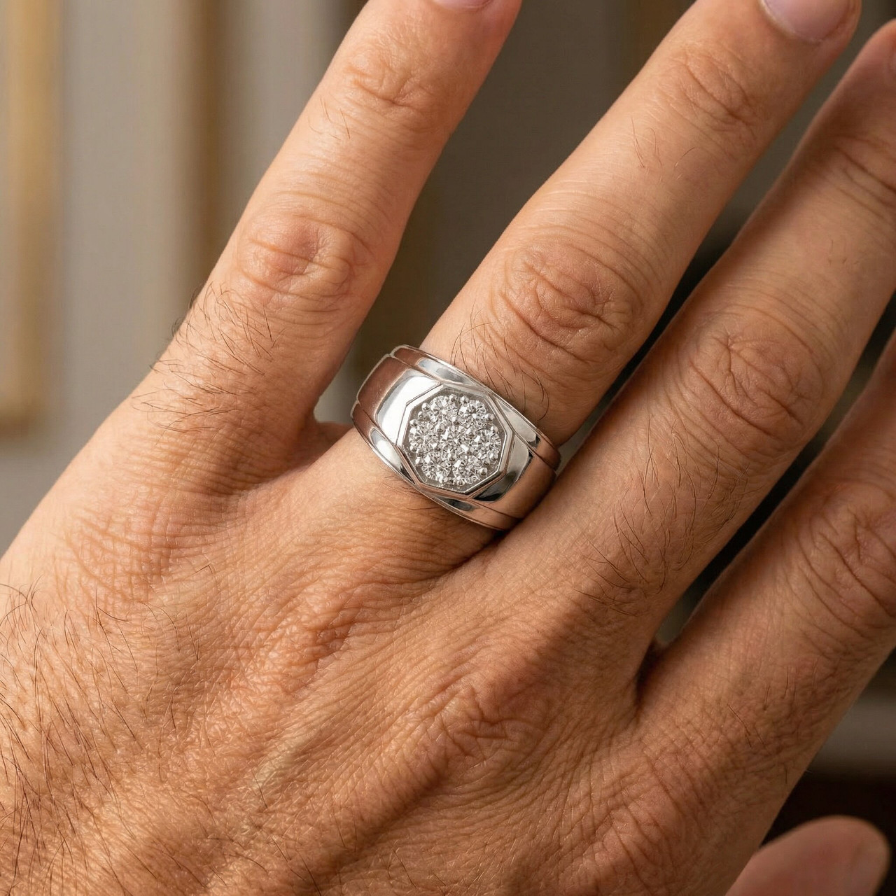 1 Ct Diamond Ring Men's Cluster Hexagon Band in 10k White or Yellow Gold (G-H, I1)