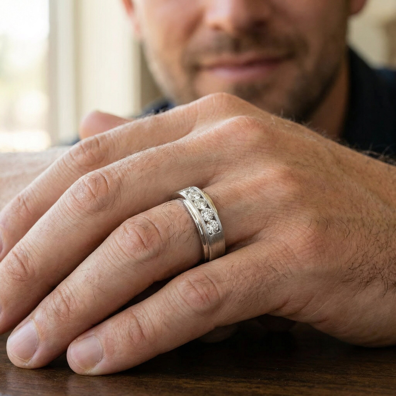 1Ct Diamond Men's Ring Brushed Wedding Band in White Rose or Yellow Gold (G-H, I1)