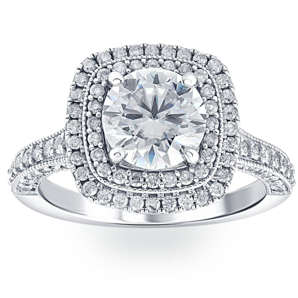 3Ct Diamond & Moissanite Cushion Halo Engagement Ring in White or Yellow Gold (G-H, VS)