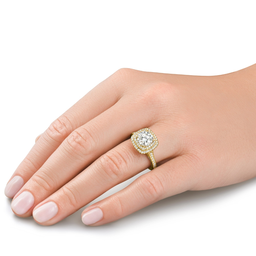 3Ct Diamond & Moissanite Cushion Halo Engagement Ring in White or Yellow Gold (G-H, VS)