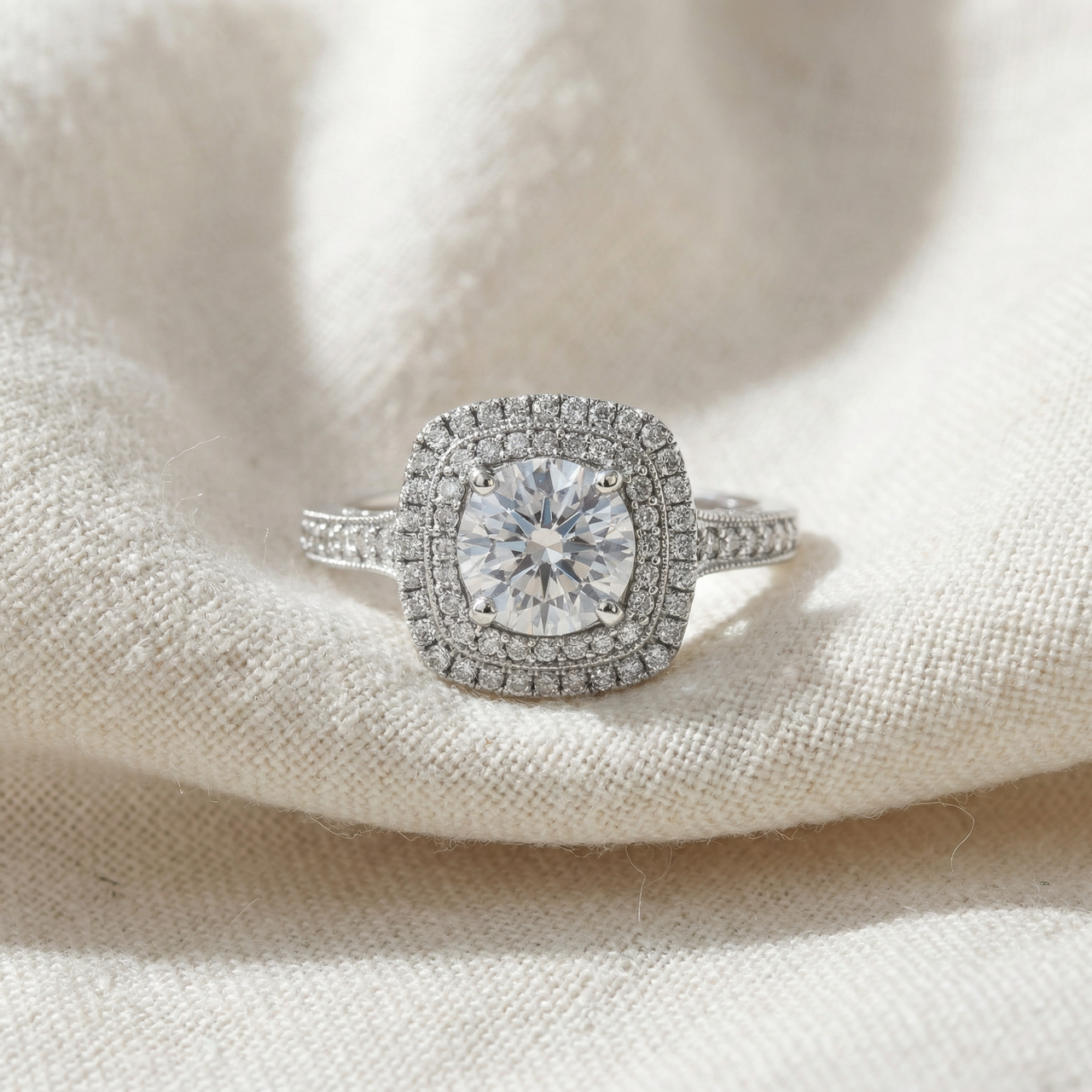 3Ct Diamond & Moissanite Cushion Halo Engagement Ring in White or Yellow Gold (G-H, VS)