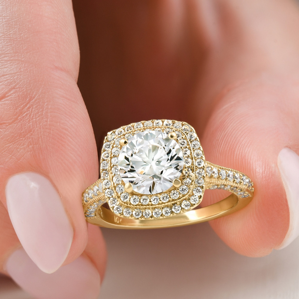 3Ct Diamond & Moissanite Cushion Halo Engagement Ring in White or Yellow Gold (G-H, VS)
