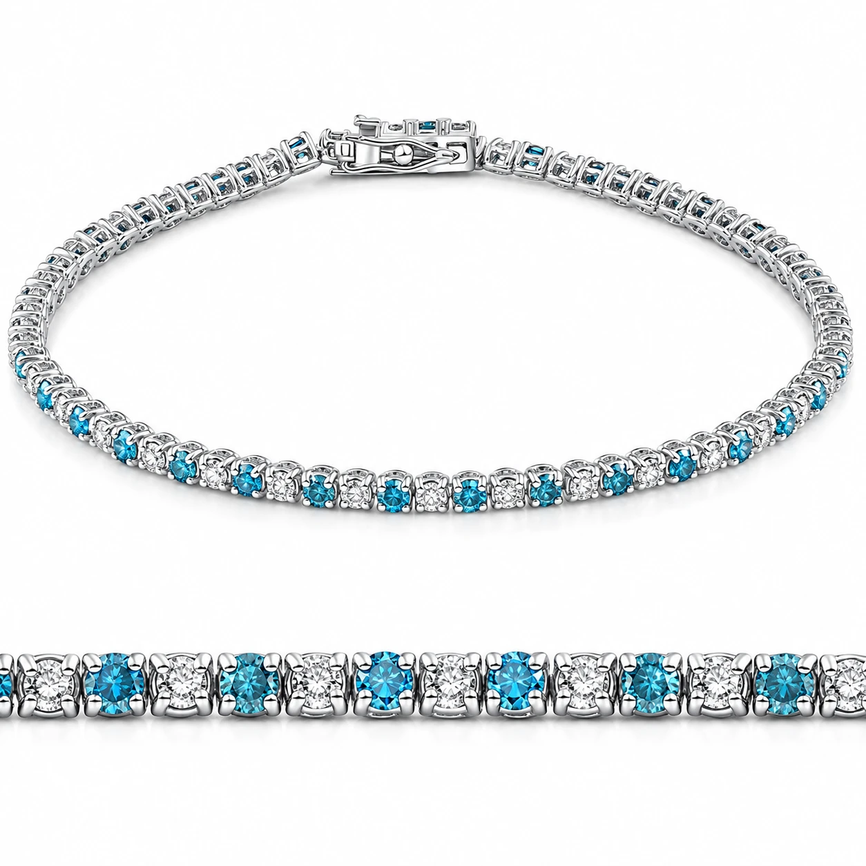 2ct Blue & White Alternating Diamond Tennis Bracelet 14K White Gold 7" (G-H, I2-I3)