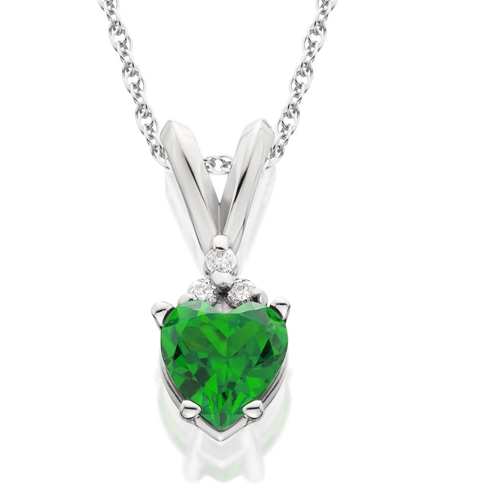 Emerald & Diamond Heart Pendant Necklace in 14k White or Yellow Gold (G-H, I2-I3)