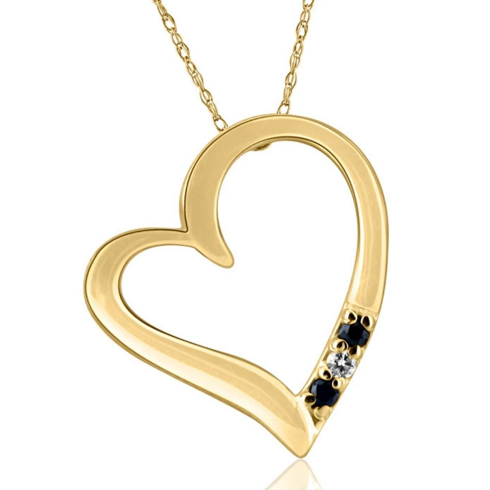 Diamond & Blue Sapphire Heart Pendant 3-Stone Yellow Gold with 18" Chain (G-H, I2-I3)