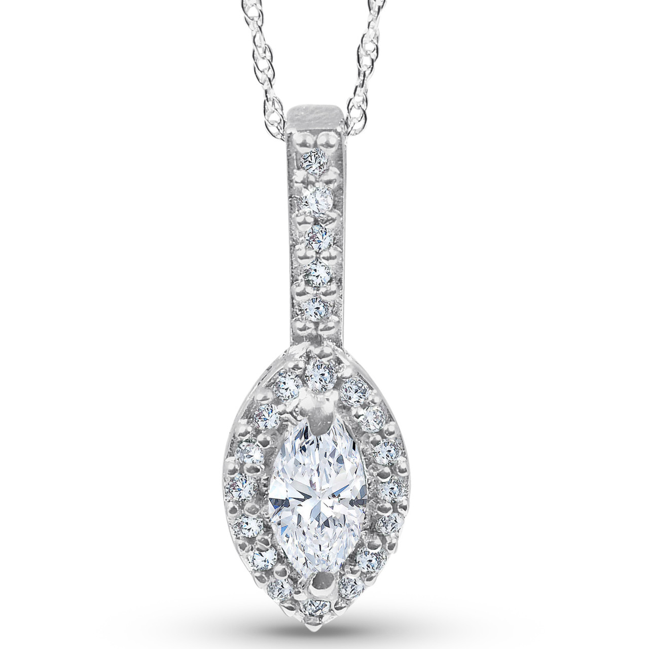 1/2CT Marquise Halo Pave Lab Grown Diamond Solitaire Pendant 14K White Gold (G-H, VS) 1/2CT Marquise Halo Pave Lab Grown Diamond Solitaire Pendant 14K White Gold (G-H, VS)