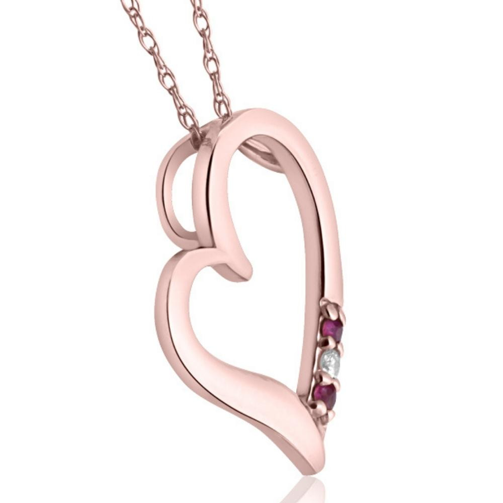 Diamond & Ruby Heart Pendant 3-Stone Rose Gold with 18" Chain (G-H, I2-I3)