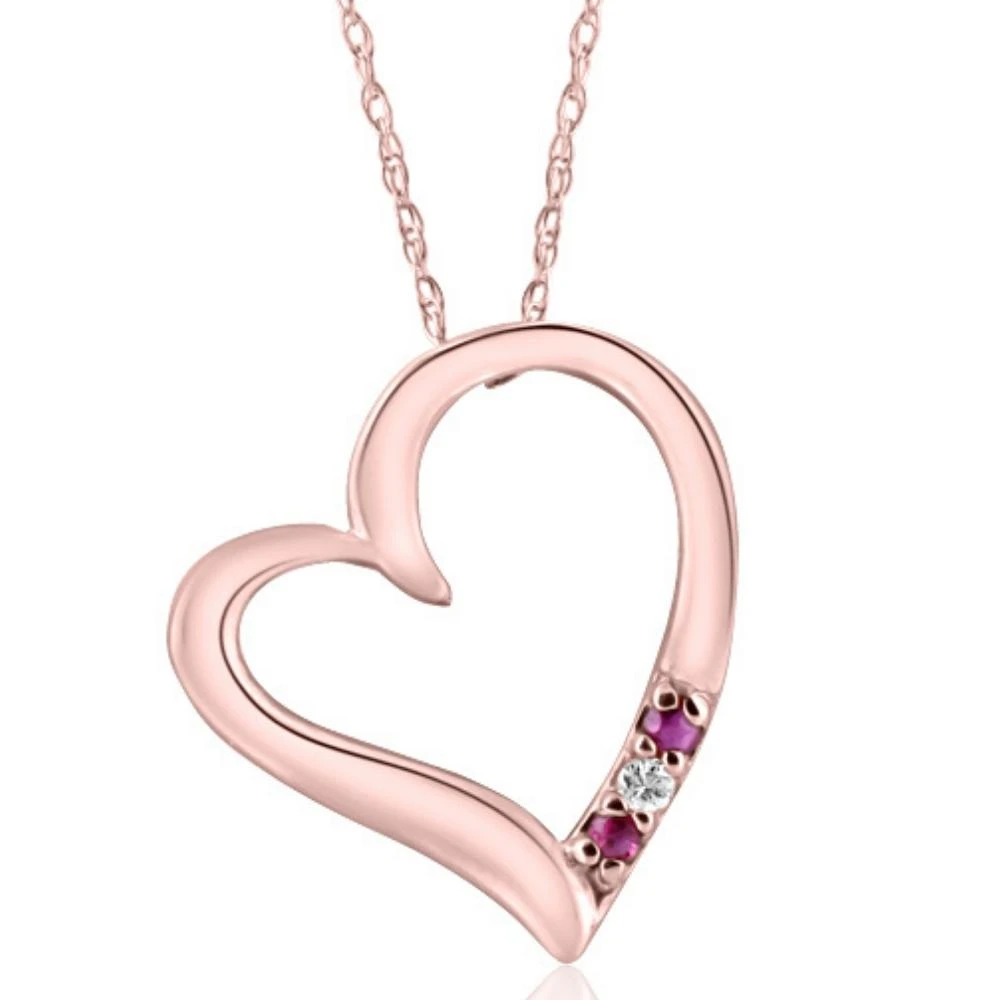 Diamond & Ruby Heart Pendant 3-Stone Rose Gold with 18" Chain (G-H, I2-I3)