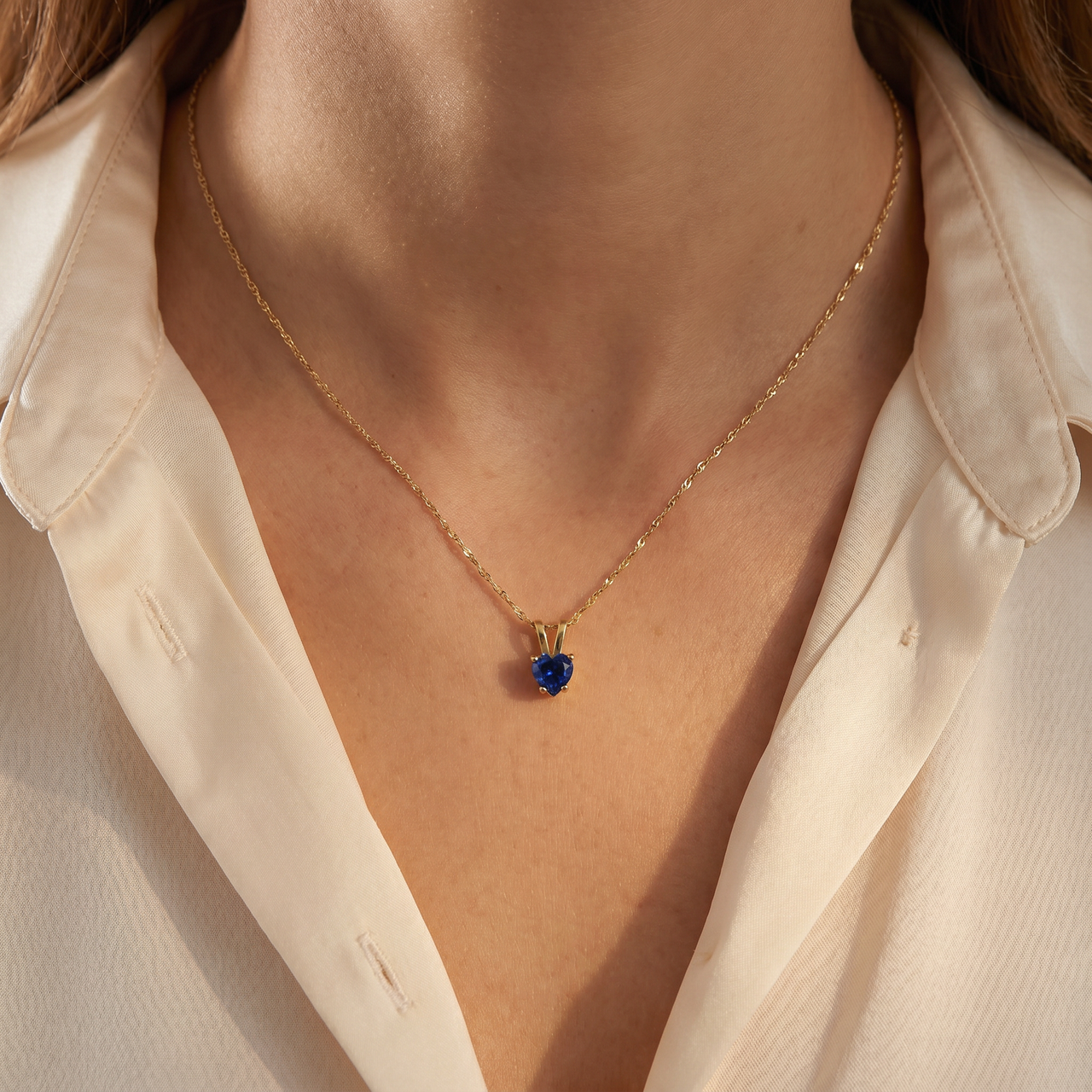 Women's 1/2ct Blue Heart Shape Sapphire Pendent Yellow Gold 18" Chain Necklace