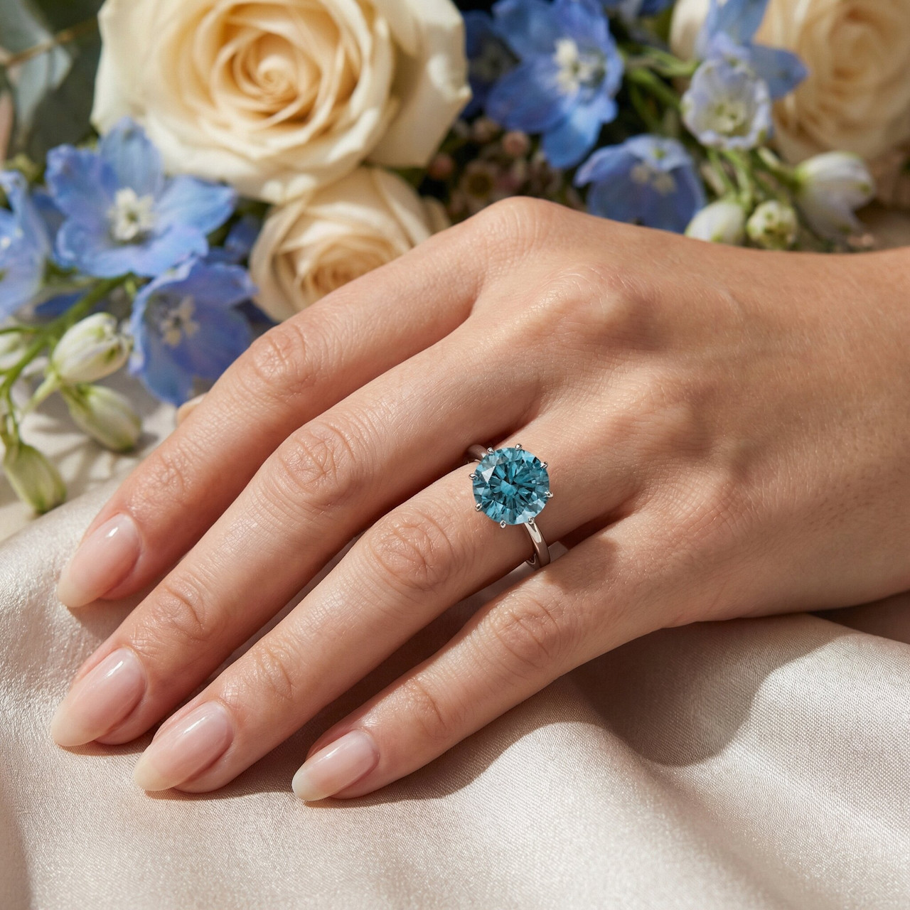 3 1/2Ct Blue Diamond Solitaire Engagement Ring Lab Grown in 14k White Gold (Blue, SI)