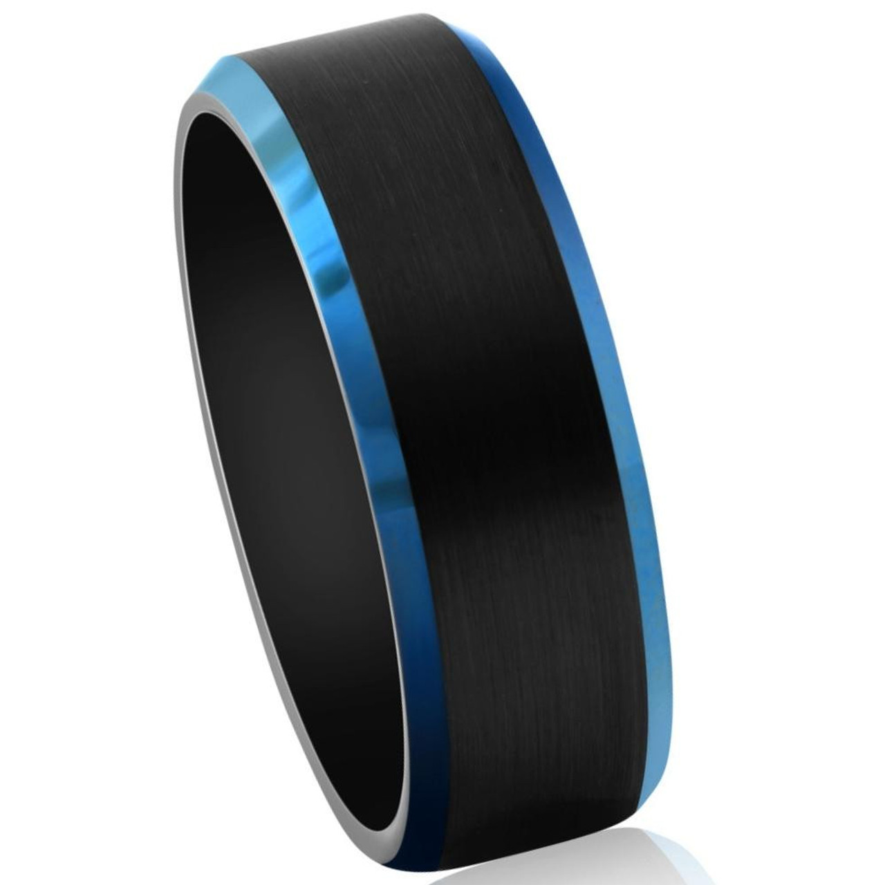 Men's Brushed Black Tungsten Ring Blue Polished Beveled Edge 8mm Wedding Band Men's Brushed Black Tungsten Ring Blue Polished Beveled Edge 8mm Wedding Band