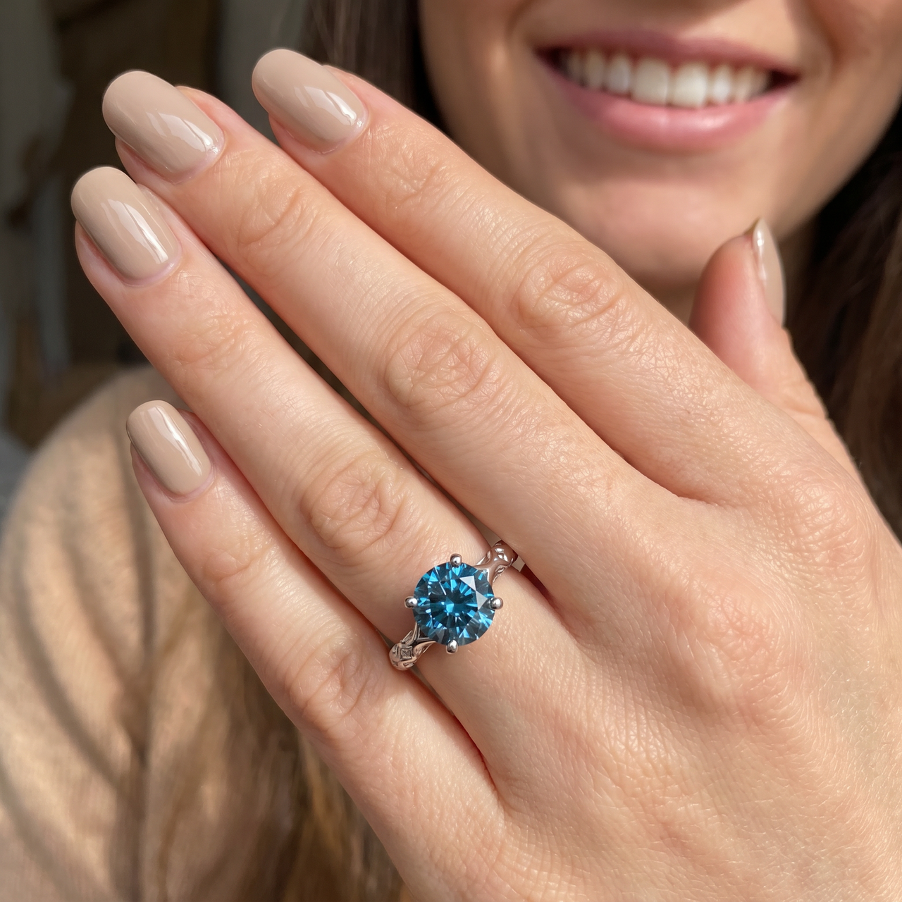 3Ct Blue Diamond Solitaire Vintage Engagement Ring Lab Grown in 10k White Gold (Blue, VS2-SI1)
