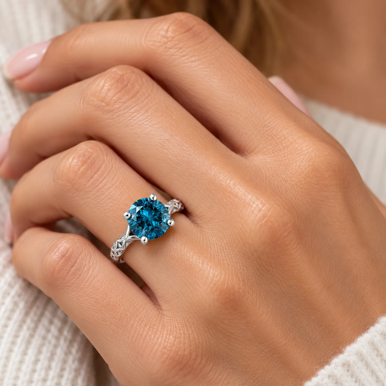 3Ct Blue Diamond Solitaire Vintage Engagement Ring Lab Grown in 10k White Gold (Blue, VS2-SI1)