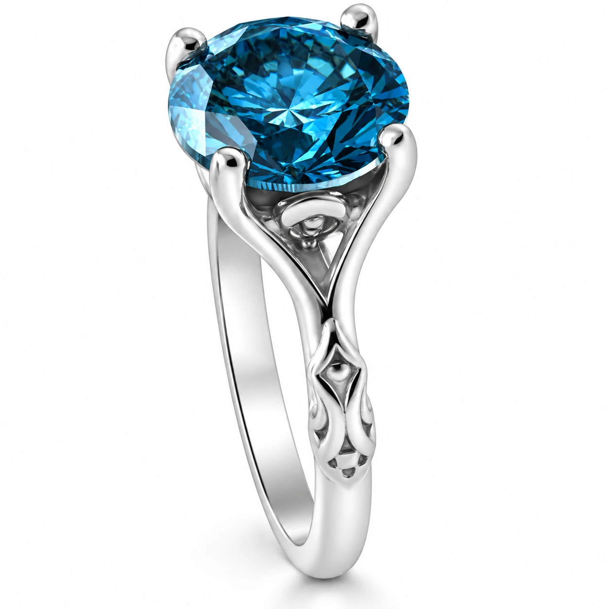 3Ct Blue Diamond Solitaire Vintage Engagement Ring Lab Grown in 10k White Gold (Blue, VS2-SI1)